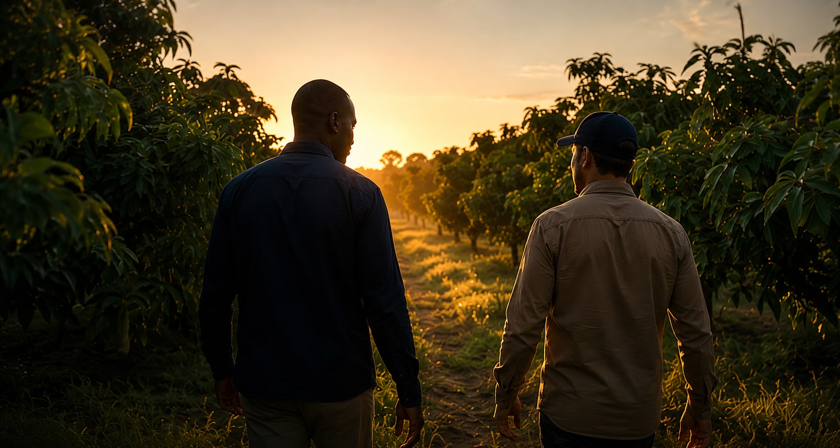 Deux partenaires Tropicaura marchant dans un verger de manguiers au coucher du soleil